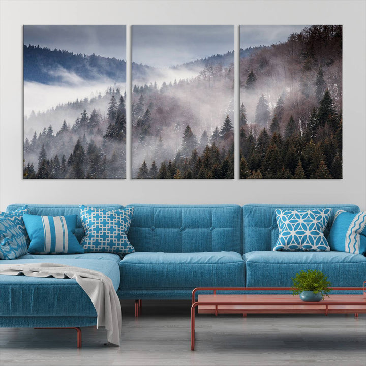 The "Beautiful Rising Fog in Winter Mountain Landscape" wall art is presented on museum-quality canvas, adding a striking visual element to the living room.