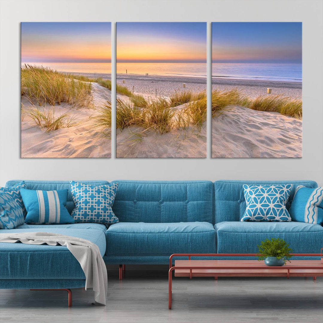 The "Sunset Silence on the Beach" wall art canvas print features a serene beach scene at sunset on museum-quality canvas with a UV-protective coating.