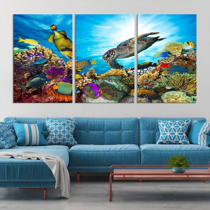 The Aquatic Life Sea Turtles Fish Wall Art Canvas Print is a triptych of vibrant underwater scenes featuring a sea turtle, various fish, and colorful coral. Crafted on museum-quality canvas, this handcrafted masterpiece brings the ocean to life in any space.