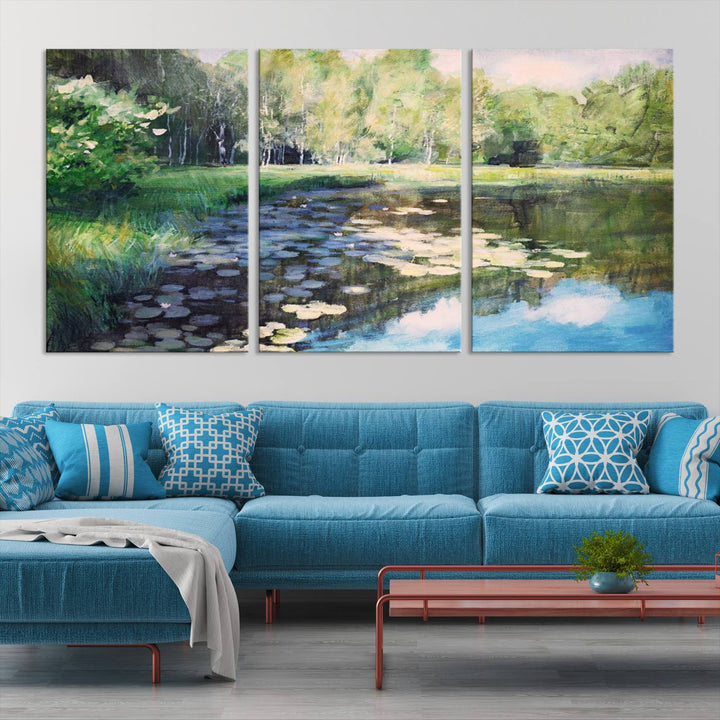 The "Forest Pond River Lake Wall Art Canvas Print" showcases a serene lakeside landscape with trees and water lilies. Crafted on museum-quality canvases and enhanced with UV-protective coating, this piece serves as an elegant addition to any space.