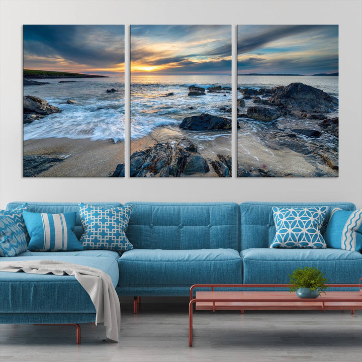 The "Beautiful Stormy Sunset at Bagh Steinigidh Beach Stones" triptych ocean-themed wall art is displayed on museum-quality canvas and features a UV-protective coating.