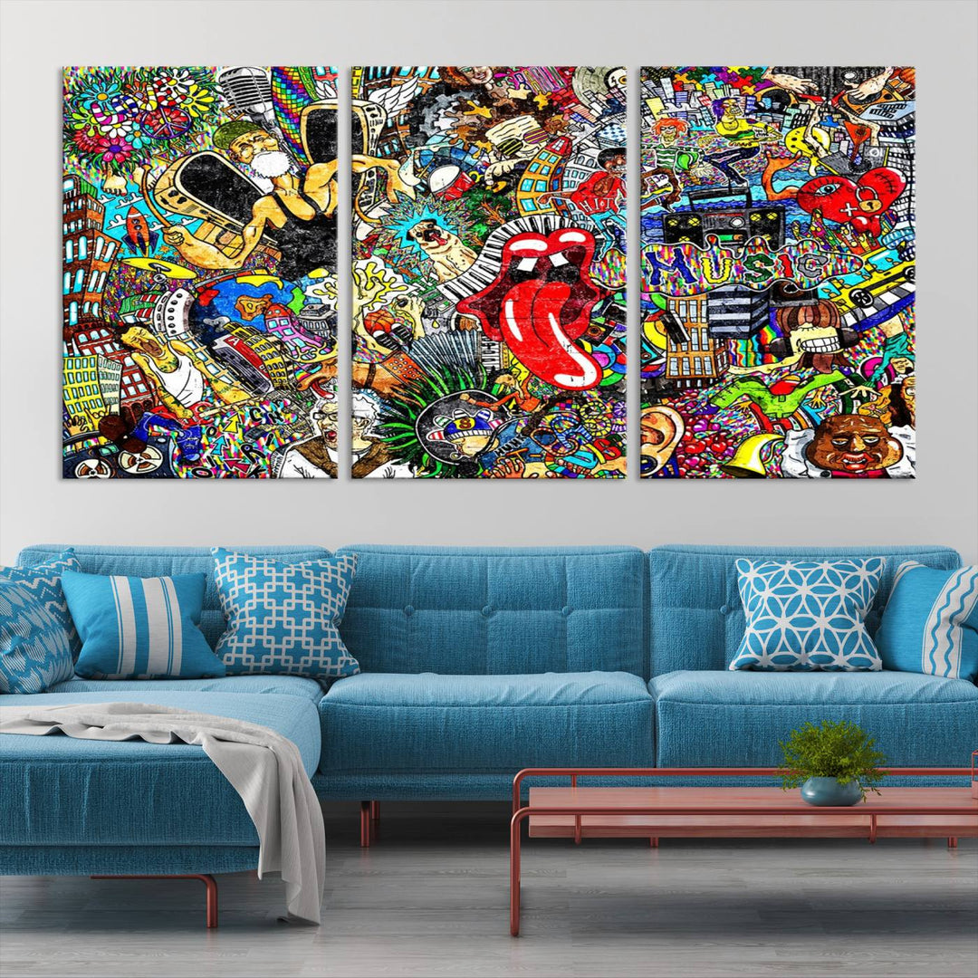 The Crazy Colors Music Vibes Wall Art Canvas Print showcases vibrant multi-panel abstract designs with colorful details on museum-quality canvas and is protected by a UV-coating.