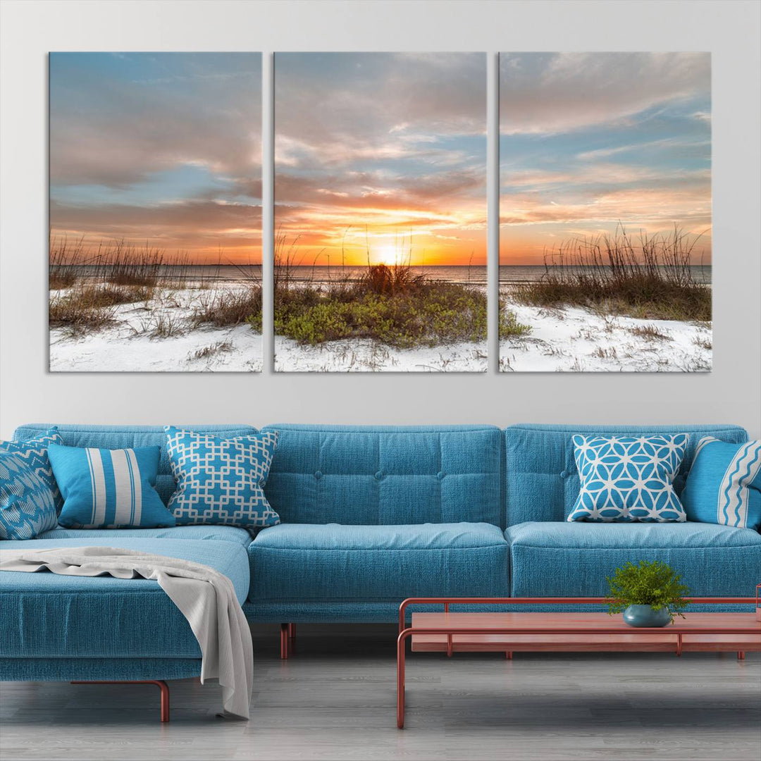 The Beach Ocean Sunset Sand Wall Art Canvas Print is expertly crafted on museum-quality canvases with a UV-protective coating.