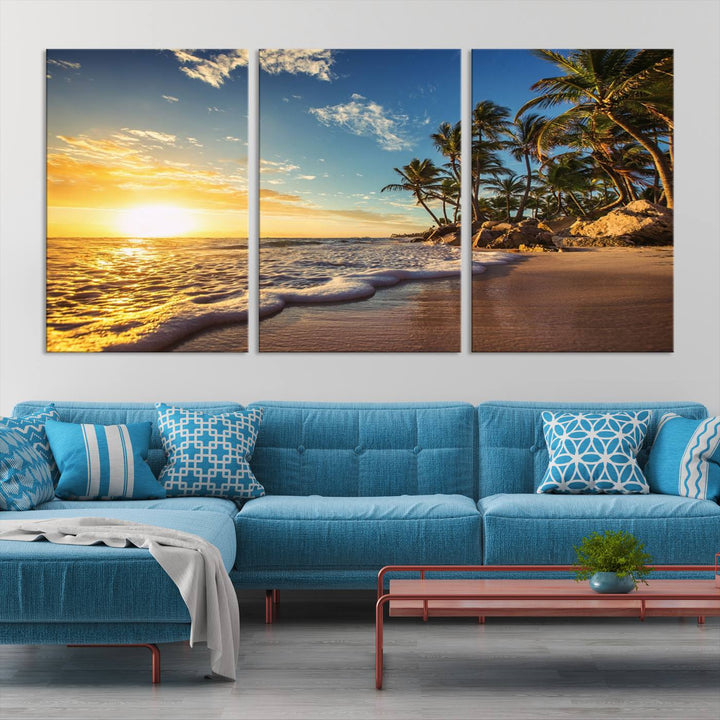 The wall features a Sunset Ocean View Beach Canvas Print, showcasing museum-quality craftsmanship by professional artisans.