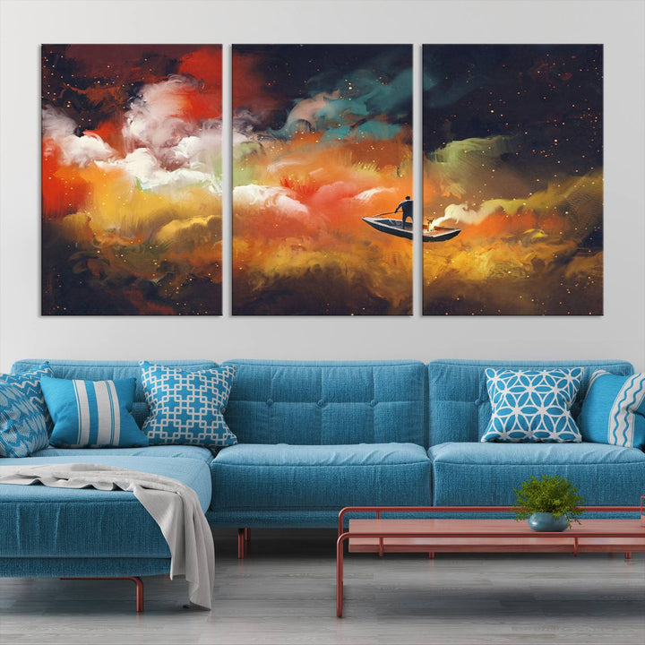 The "Surreal Space Adventure Canvas Wall Art" is a dreamlike abstract galaxy print with an astronaut among clouds, inviting you on a space adventure. This stunning piece comes framed and ready to hang, making it perfect for enhancing living room or bedroom decor.