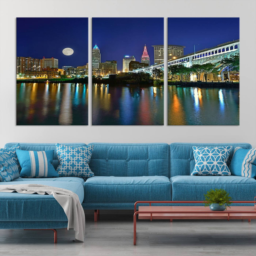 Cleveland City Lights Night Skyline, a stunning triptych wall art cityscape canvas print with museum-quality UV-protective coating, is beautifully showcased.