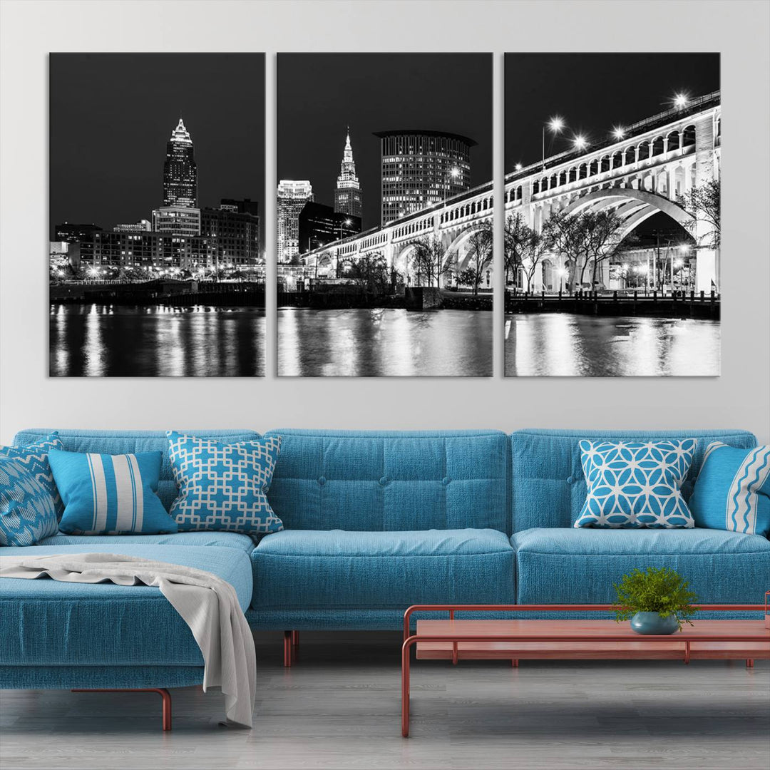 Enhance your space with the Cleveland Night Skyline Wall Art City Cityscape Canvas Print, a museum-quality black and white triptych. This ready-to-hang masterpiece is designed to elevate any room's aesthetic.