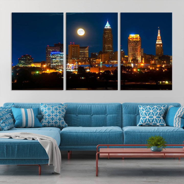 The "Cleveland Night Skyline Wall Art City Cityscape Canvas Print" adds elegance to the room with its depiction of a city skyline and full moon on museum-quality canvas. The artwork is enhanced by a UV-protective coating to ensure lasting brilliance.