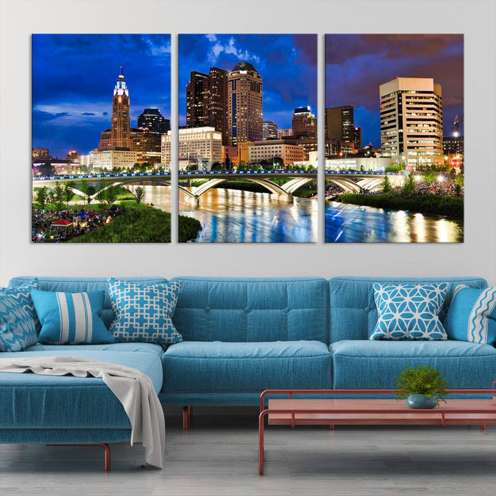 The Columbus City Lights Night Bright Blue Cloudy Skyline Cityscape View Wall Art Canvas Print, crafted on museum-quality canvas and finished with a UV-protective coating, adorns the wall.