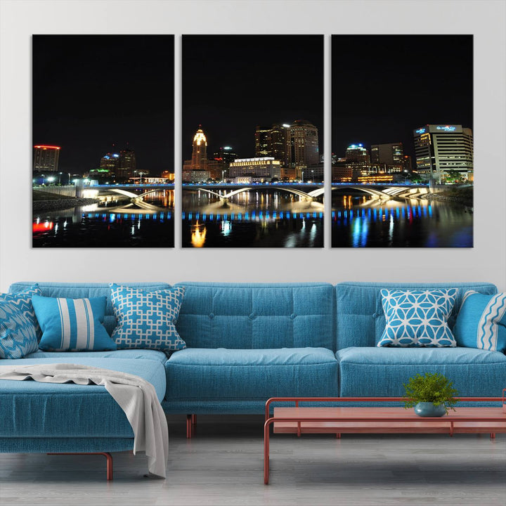 The "Columbus City Lights Night Skyline Cityscape View Wall Art Canvas Print" elegantly decorates the area, presented on museum-quality canvases that feature UV-protective coating to maintain their vibrant appearance.