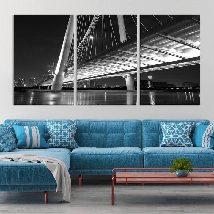 The modern living room features the museum-quality "Dallas City Bridge Lights Skyline Black and White Wall Art Cityscape Canvas Print," elegantly displayed on gallery-wrapped canvas.