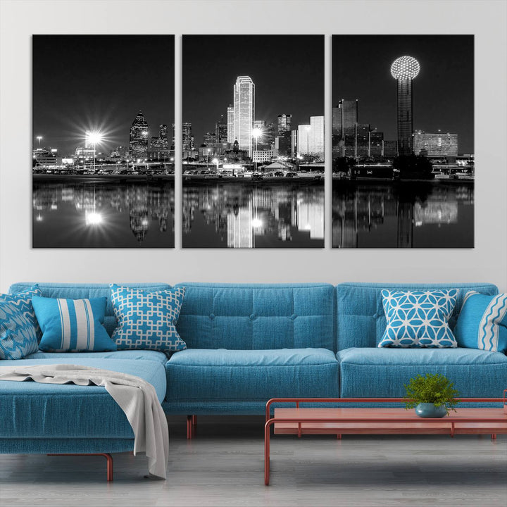 The living room showcases the Dallas City Lights Skyline Black and White Wall Art Cityscape Canvas Print. This museum-quality artwork is ready to hang and features a UV-protective coating to maintain its vibrant colors.