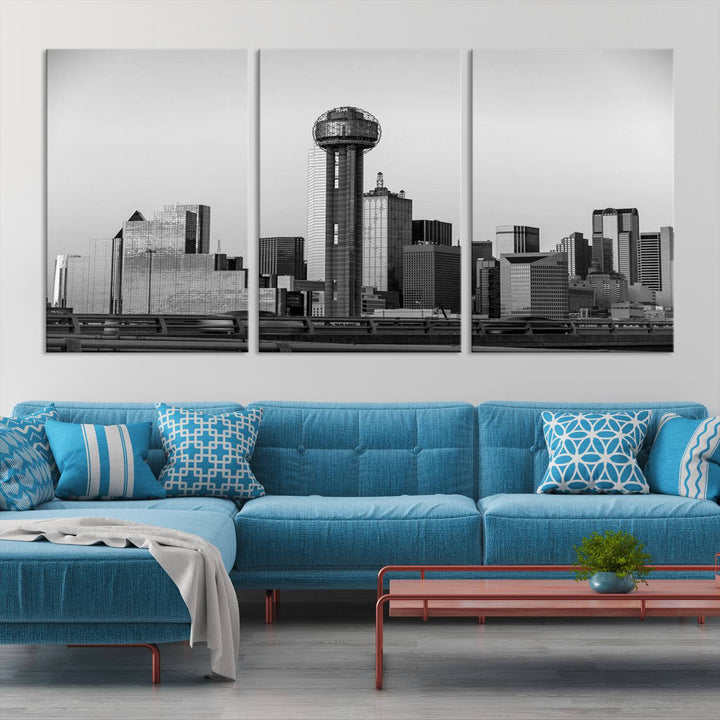 The Dallas City Lights Skyline Black and White Wall Art is elegantly displayed on museum-quality canvas.