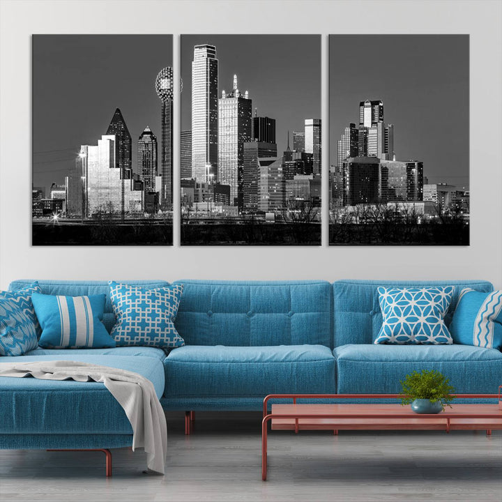 The Dallas City Skyline Black and White Wall Art Cityscape Canvas Print features a gallery-wrapped, museum-quality finish.