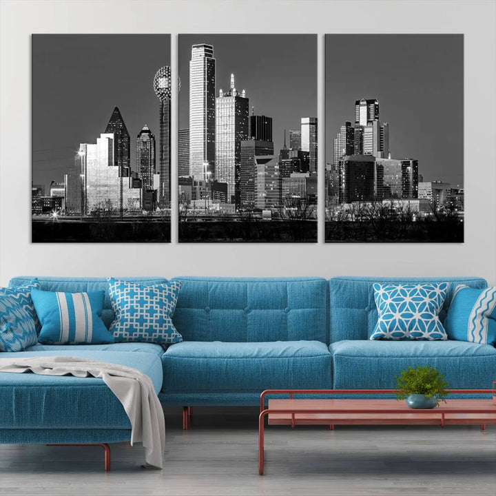 A black and white triptych of the Dallas city skyline is displayed, crafted on museum-quality canvas. This wall art piece is ready to hang, with each component adorned with a UV-protective coating to maintain its captivating appeal.