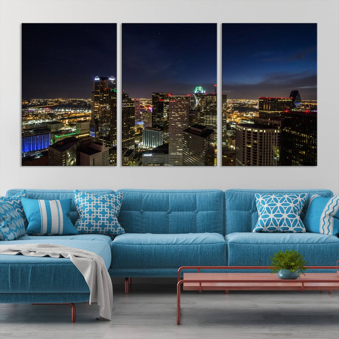 A living room showcasing a Dallas City Lights Night Skyline Cityscape View Wall Art Canvas Print, a three-panel artwork on museum-quality canvas with vibrant colors and durability.