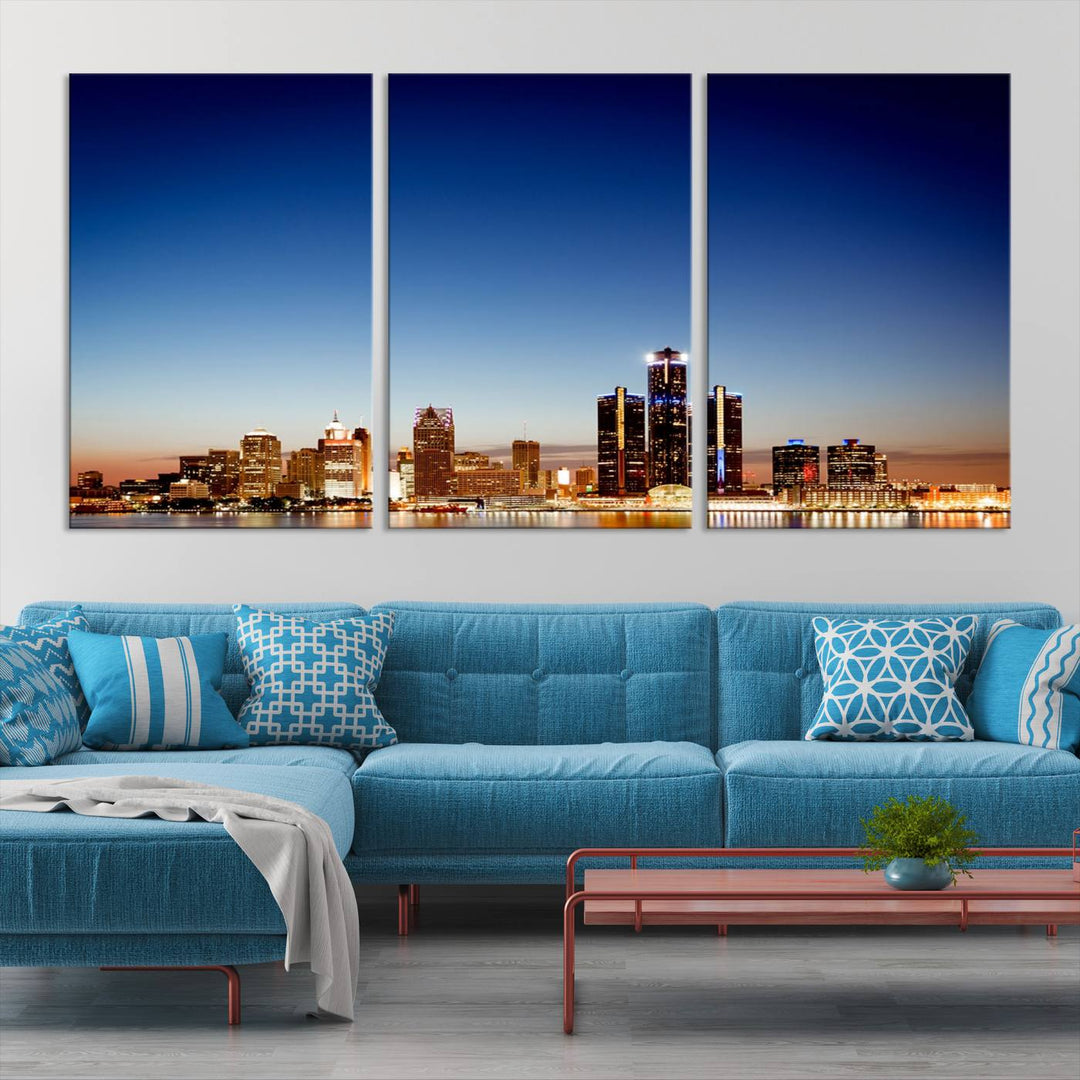 The Detroit City Lights Sunrise Skyline Cityscape View Wall Art Canvas Print adorns the modern living room. Crafted on museum-quality canvas with a UV-protective coating, this piece is ready to hang and elegantly elevates your décor.