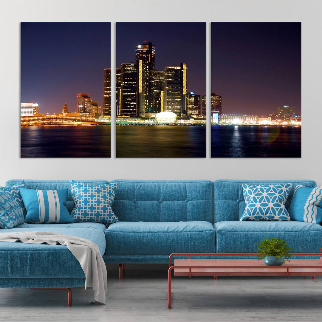 The Detroit City Lights Night Skyline Cityscape View Wall Art Canvas Print, elegantly split into three panels, is made from museum-quality pollycotton and gallery wrapped for a sophisticated touch. It is available with free shipping to effortlessly elevate your space.