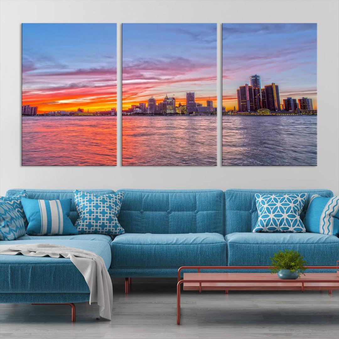 The Detroit City Lights Sunset Colorful Cloudy Skyline Cityscape View Wall Art Canvas Print showcases a vibrant city skyline at sunset over water. The artwork is museum-quality, comes ready to hang, and features a UV-protective coating to preserve its vivid colors.