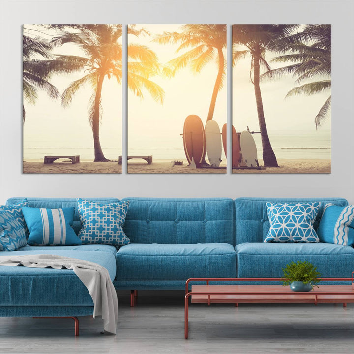 Surfboard and Palm Tree on Beach Double Exposure with Colorful Bokeh Sunset Light Wall Art Canvas