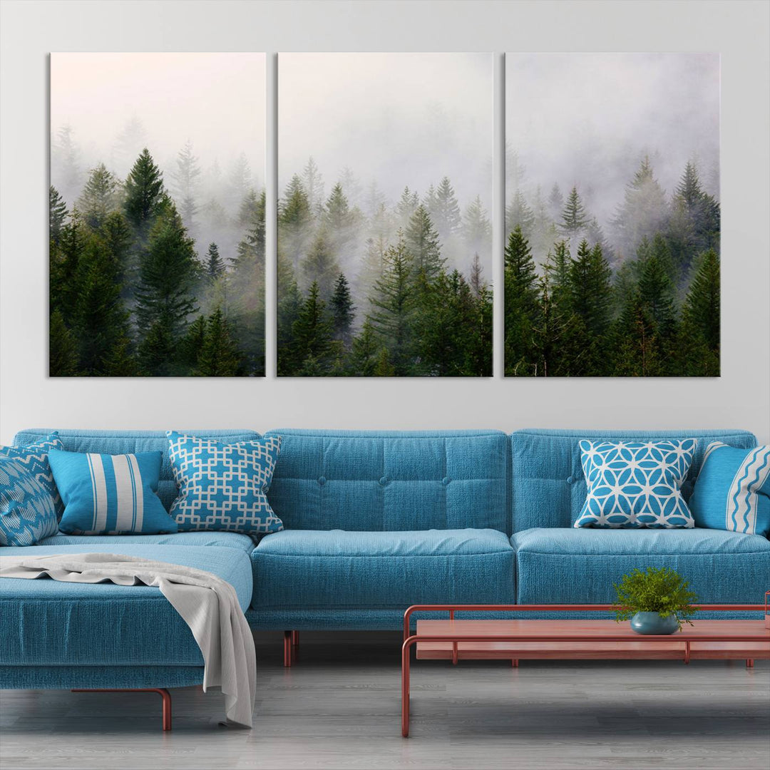 A 3-panel Misty Pine Forest Wall Art Canvas Print, featuring a green woodland scene, adorns the wall.