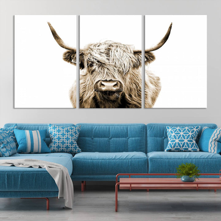 Lienzo de vaca de las Tierras Altas, arte de pared, decoración de granja, vaca, impresión en blanco y negro, decoración de pared rústica, pintura de animales, pared de vaca escocesa