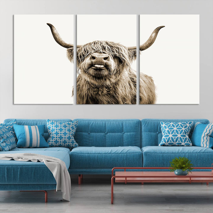 Lienzo de vaca de las Tierras Altas, arte de pared, decoración de granja, vaca, impresión en blanco y negro, decoración de pared rústica, pintura de animales, pared de vaca escocesa