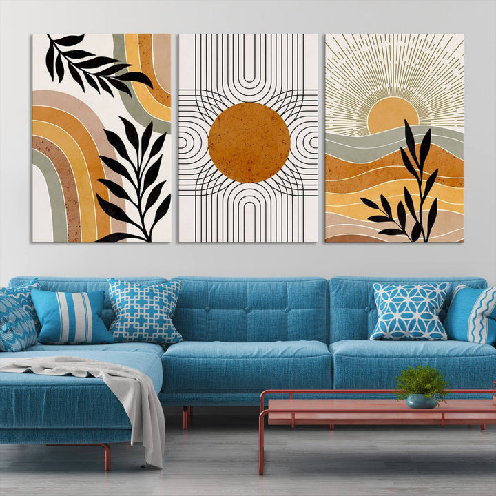 Modern Boho Sun and Leaf Abstract Art – 3-Panel Giclée Canvas for Mid-Century Modern or Bohemian Wall Decor