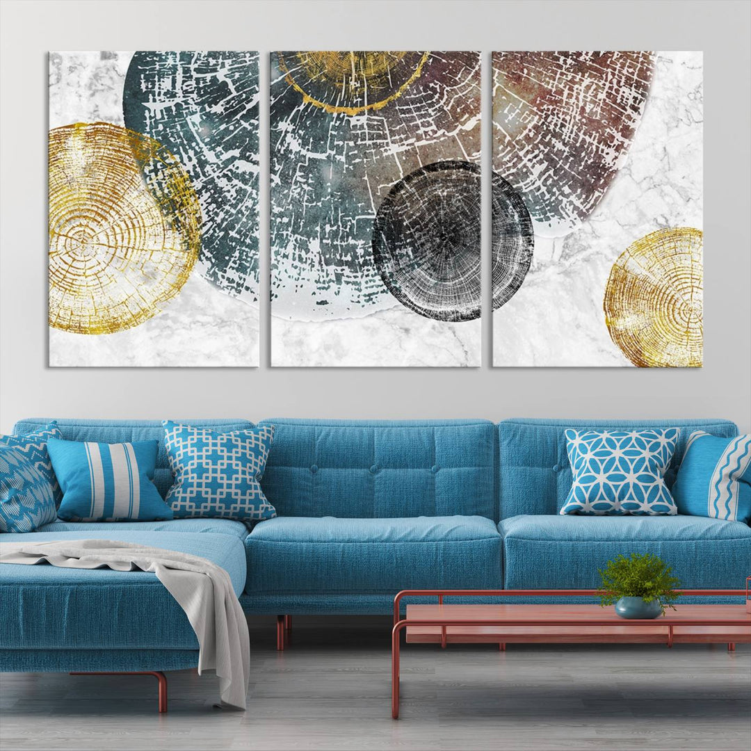 Contemporary living room showcasing the "Wood Lines" 3 Panel Abstract Wall Art Canvas Print displaying museum-quality tree ring art on the wall.