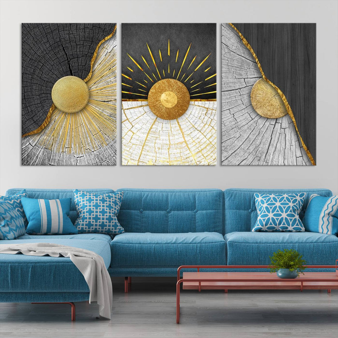 A contemporary living room is enhanced by the Minimal Style 3 Panel Abstract Wall Art Canvas Print in gold and gray. Each panel arrives ready to hang, providing an easy fusion of elegance and modernity.