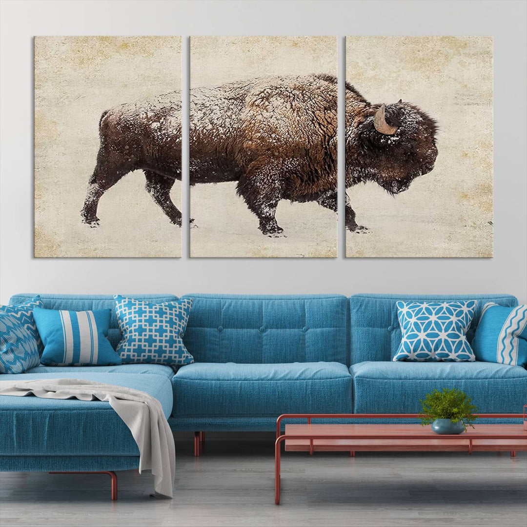 The "Buffalo Wall Art" canvas print, featuring a Western bison, hangs prominently, infusing the space with rustic cowboy and Western decor.