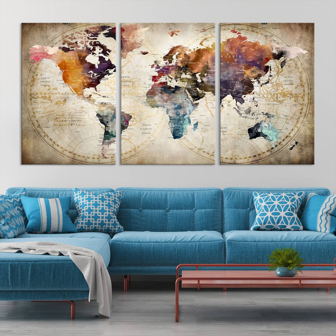 A World Map Wall Art Canvas Print featuring vibrant colors is crafted on museum-quality canvas, adding a touch of elegance to the room.