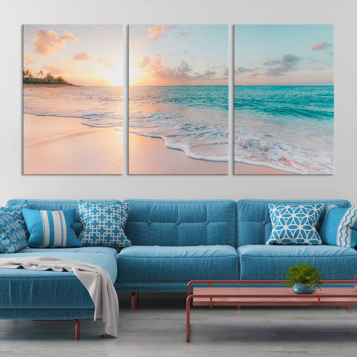 Beach Sunrise Wall Art, Coastal Seascape Canvas Print, Ocean Wave Multi-Panel Giclee, Coastal Sunset Beach Scene for Modern Decor