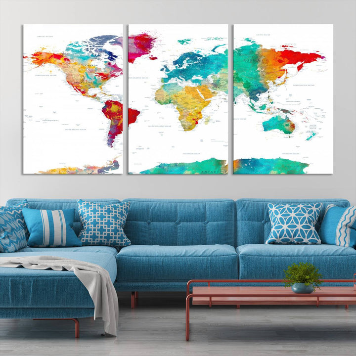 A stunning Colorful World Map Triptych Canvas Print, featuring a ready-to-hang framed design, adds vibrancy and modern flair to the space, effortlessly elevating the entire home décor.