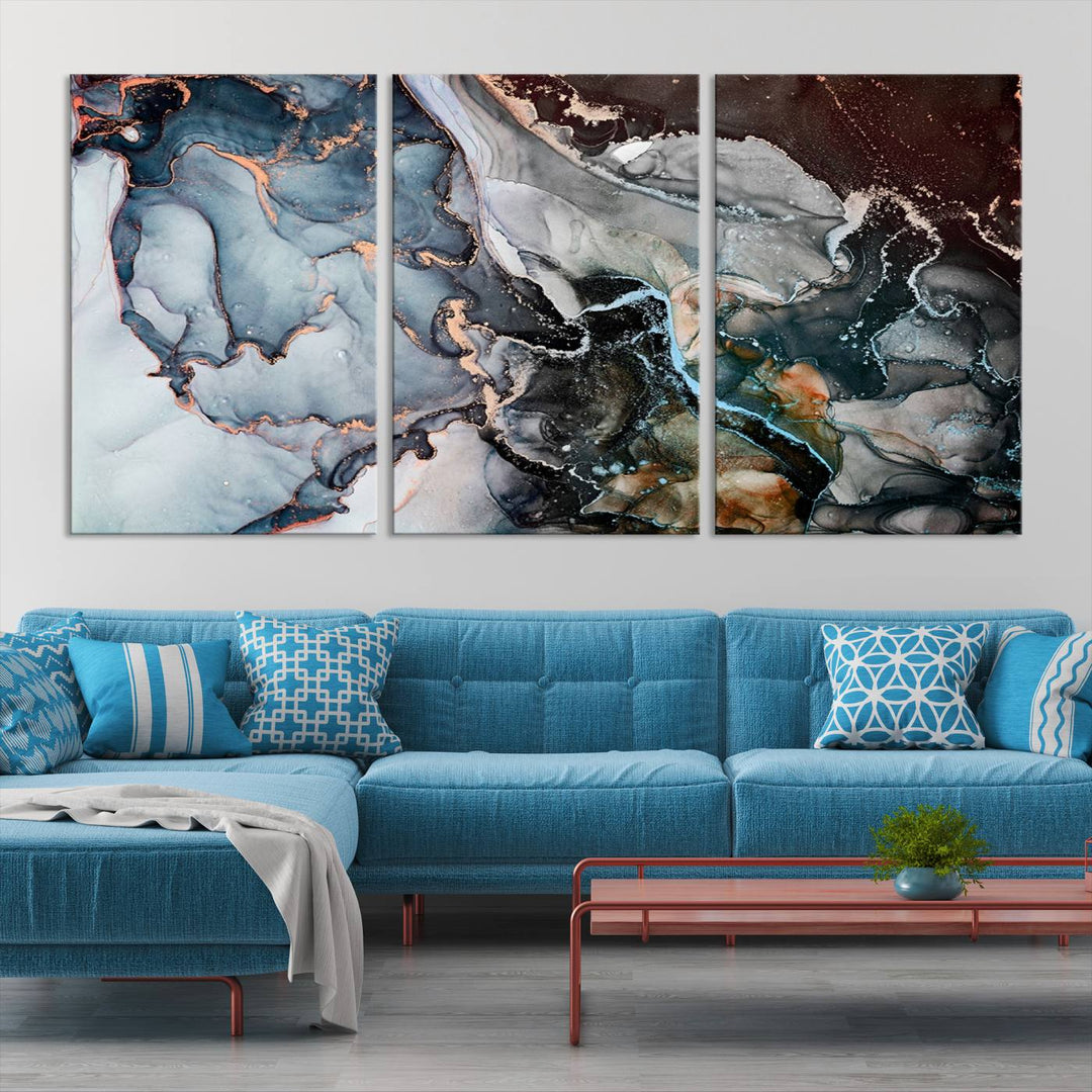 The Mix Color Large Abstract Marble Wall Art Canvas Print is printed on museum-quality canvas. It features a UV-protective coating and is ready to hang, adding elegance to the room.