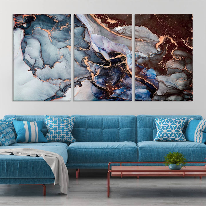 Brown Blue Abstract Marble Wall Art Canvas Print