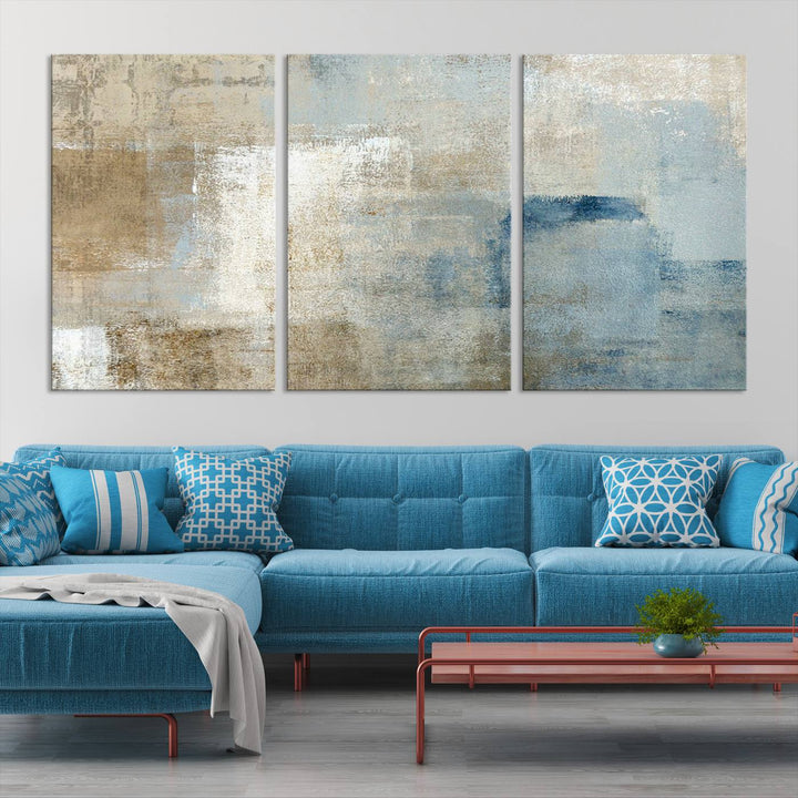 Abstract Blue and Beige Wall Art, Modern Minimalist Canvas Print Set, Giclee Textured Art, Large Multi-Panel Artwork for Living Room