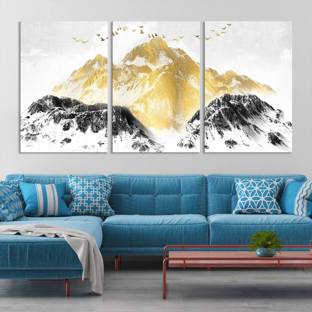 Golden Mountain Triptych Wall Art, Modern Giclee Canvas Print, Nature Landscape Decor for Living Room, Contemporary Gold and Black Wall Art