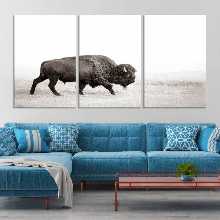 American Bison in Grasslands Triptych Canvas Wall Art – Western-Inspired Nature Decor for Home or Office