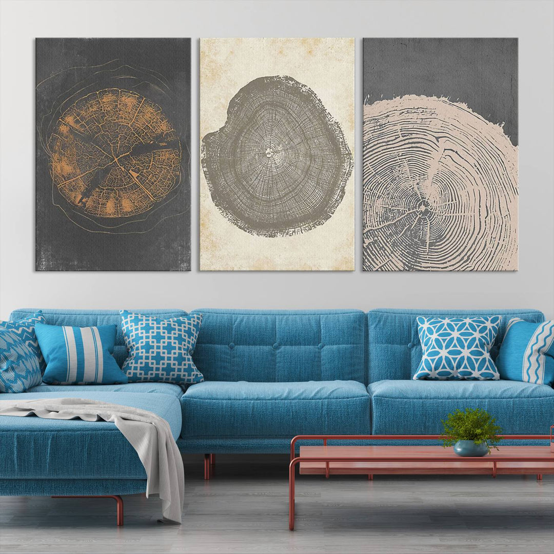 Boho Tree Ring Wall Art, Modern Minimalist Wood Grain Canvas, Tree Slice for Rustic Decor, Farmhouse Decor Giclee Canvas Print, Tree Ring Canvas Set 