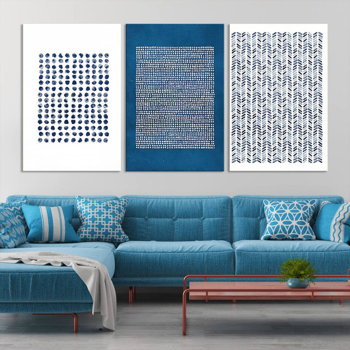 The modern living room is beautifully complemented by the "Canvas Print Wall Art Set Navy Blue White Geometric Dot Collage Abstract Illustr Art" on the wall. This art is printed on museum-quality canvas with a UV-protective coating for enhanced durability and vibrancy. Each piece is ready to hang, offering an effortless upgrade to your space.