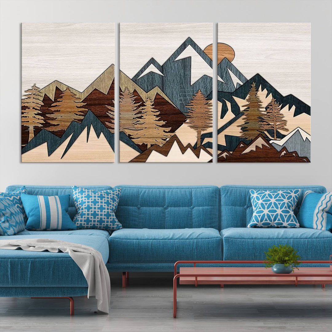 Woodland Mountain Landscape Triptych, Giclee Canvas Art for Modern Home, Rustic Wooden Nature Wall Art, Large Mountain and Tree Canvas for Living Room