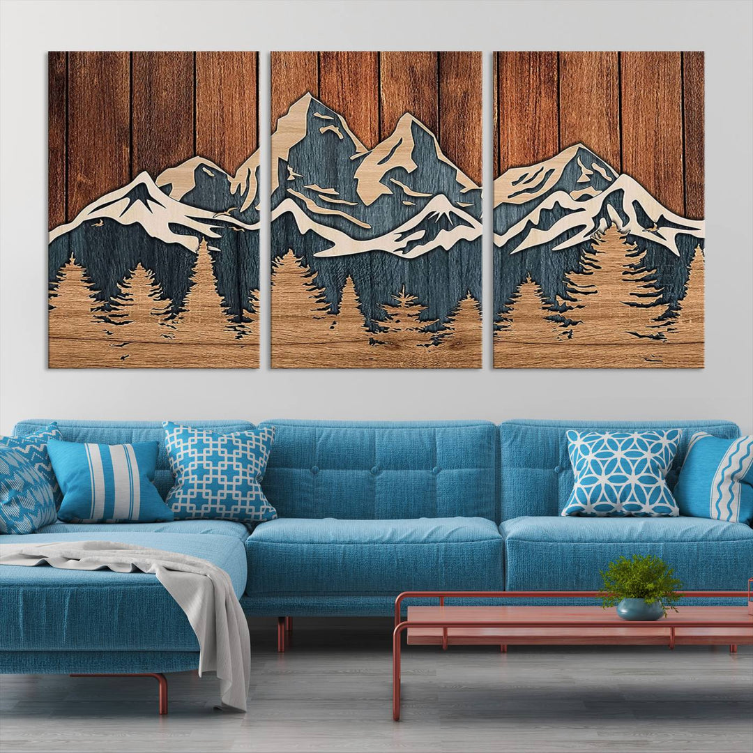 Rustic Wood Style Mountain Wall Art, Nature Forest Canvas Print, Wooden Textured Mountain Artwork, Handcrafted Landscape Decor for Farmhouse Decor