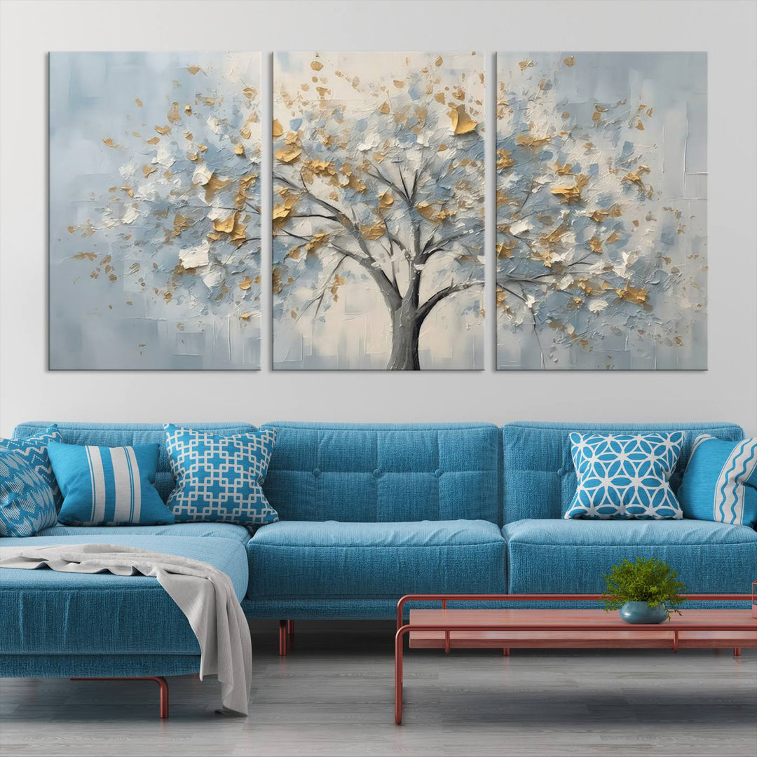 Abstract tree canvas wall art with gold and blue textured leaves, ready to hang in living room or bedroom.