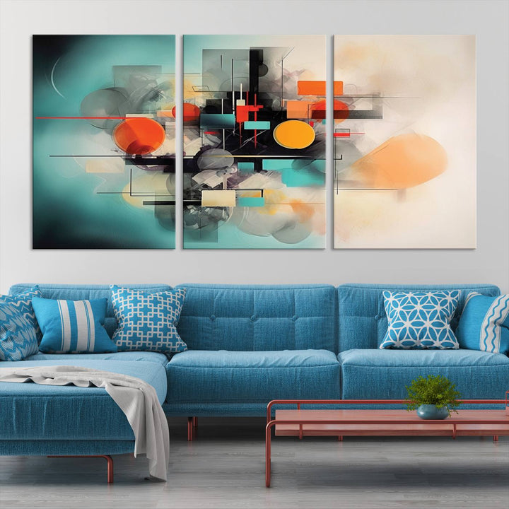 Modern living room featuring a Geometric Colorful Abstract Wall Art Canvas Print.