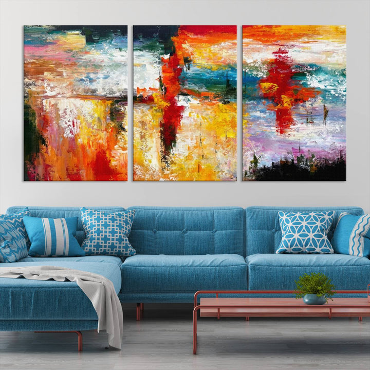 A Colorful Abstract Wall Art Canvas Print graces the wall, making this ready-to-hang masterpiece, complete with UV-protective coating, perfect for elevating any space with its vibrant allure.