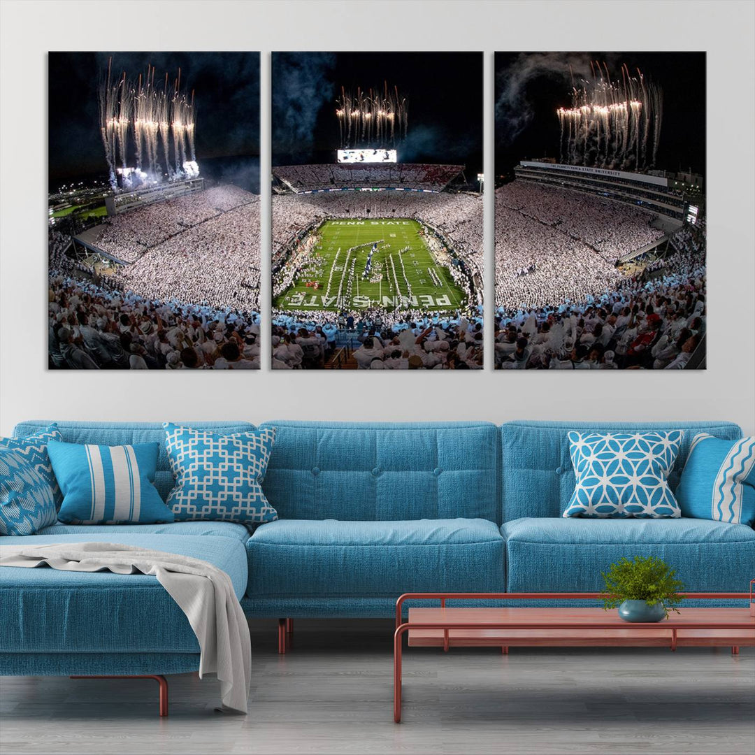 The Penn Stadium Football Wall Art Canvas Print showcases the lively ambiance of a bustling Pennsylvania University football stadium illuminated by fireworks.