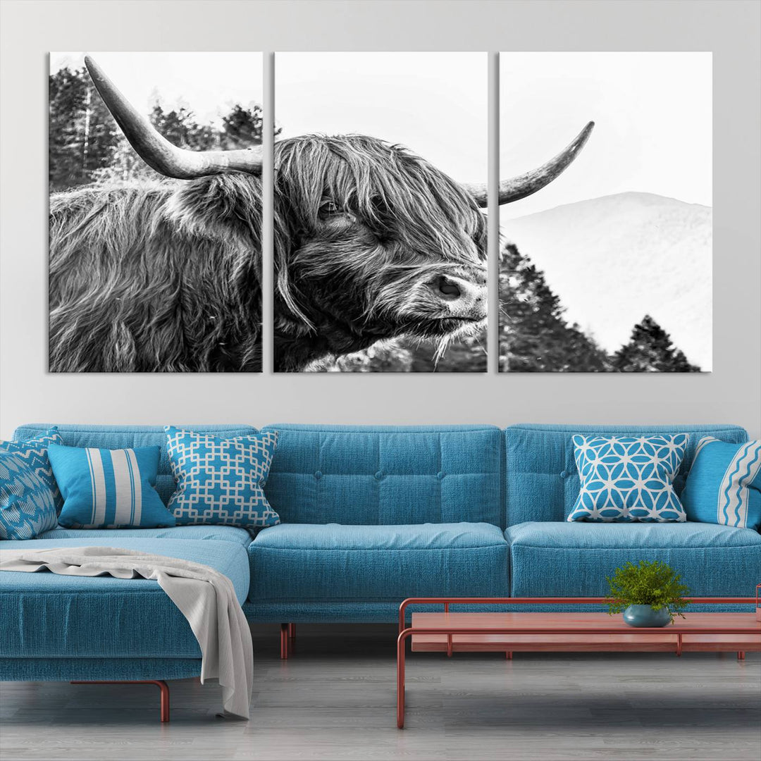 The Scottish Longhorn Wall Art Canvas Print features a highland cow with long horns and shaggy hair displayed on a museum-quality canvas. Equipped with a UV-protective coating for durability, it's ready to hang and enjoy for years to come.