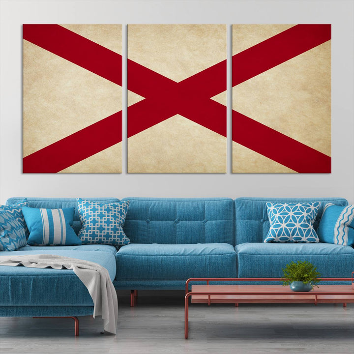 The USA Alabama States Flag Wall Art, featuring a red diagonal cross on a cream background, is elegantly displayed on museum-quality canvas with a UV-protective coating.