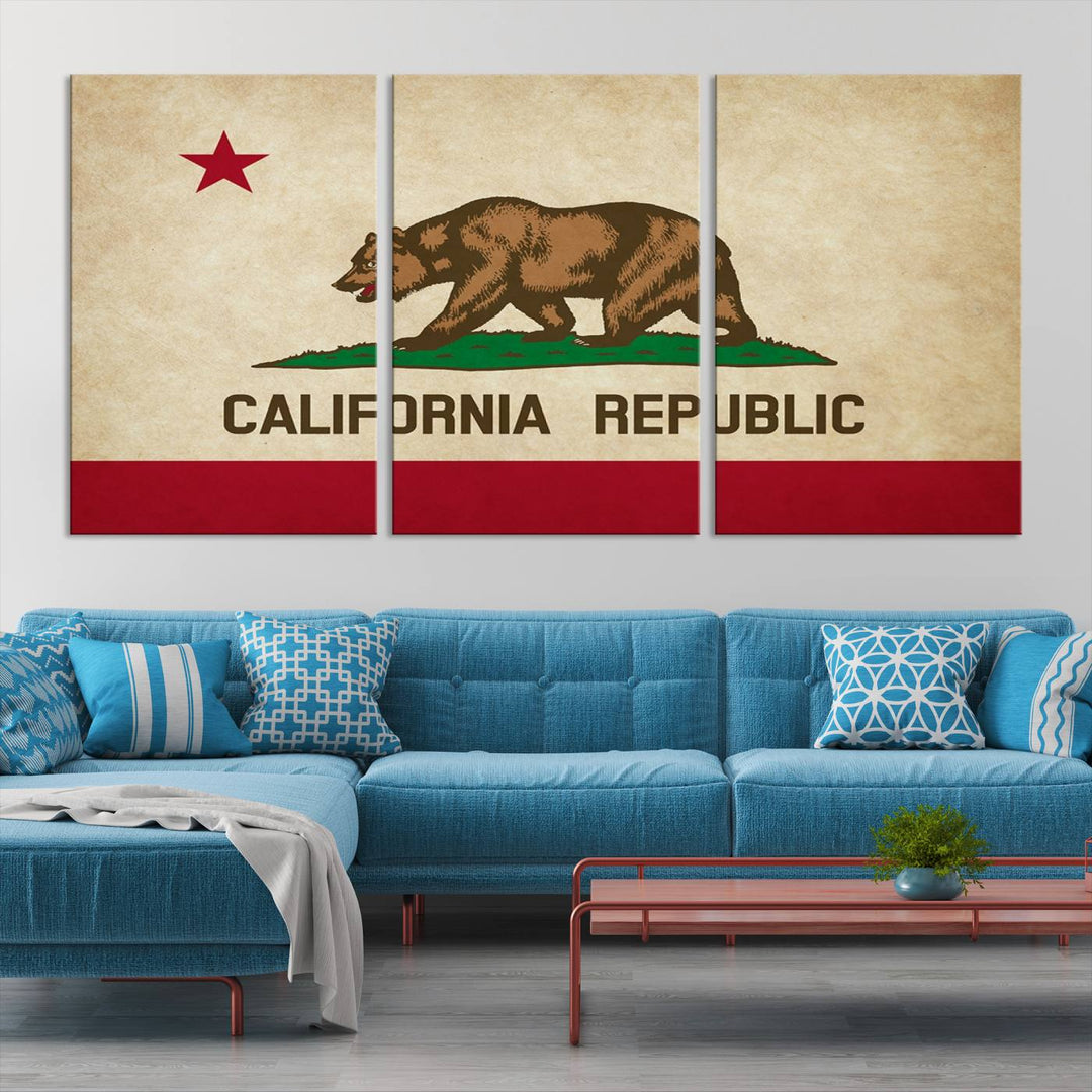 The Calinia States Flag Wall Art Canvas Print, featuring a bear and star design reminiscent of the California Republic flag, is crafted on museum-quality polycotton canvas with a UV-protective coating and is proudly made in the USA.